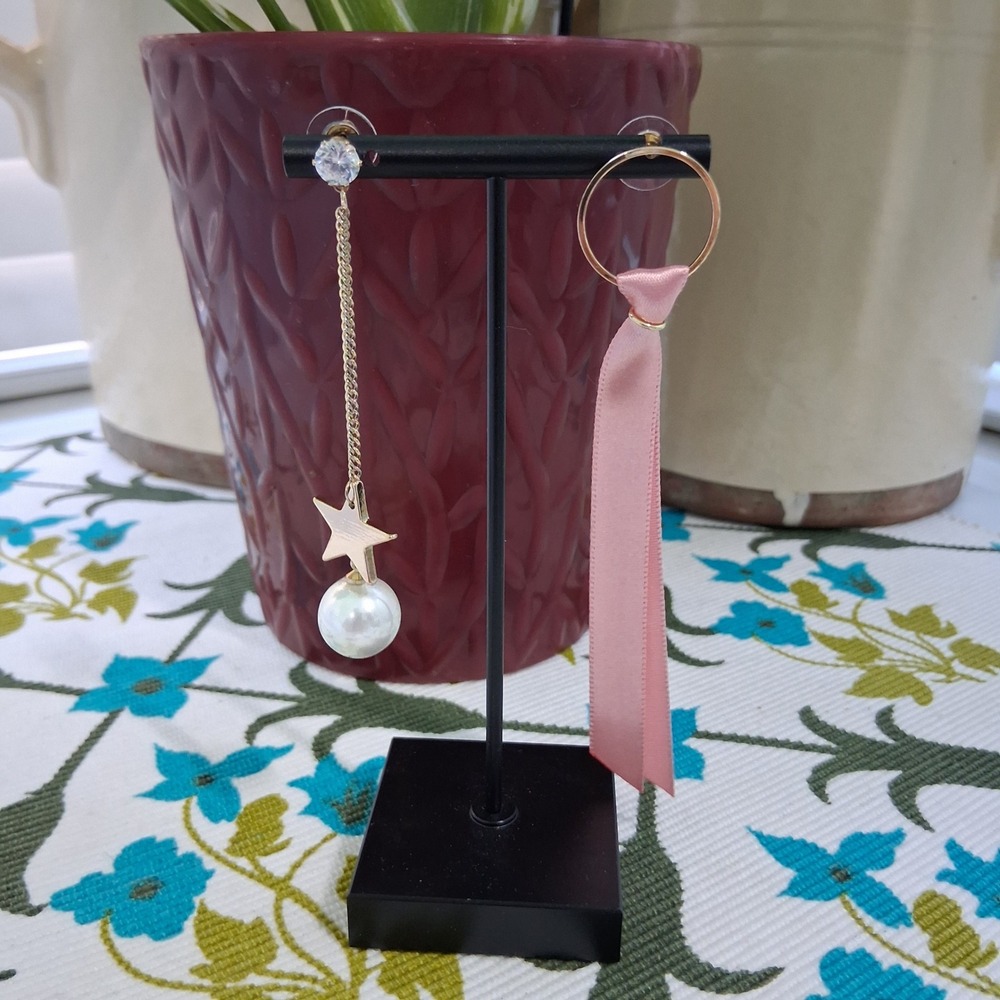 Star Pearl Rhinestone Pink Ribbon Chain Dangle Boho Earrings